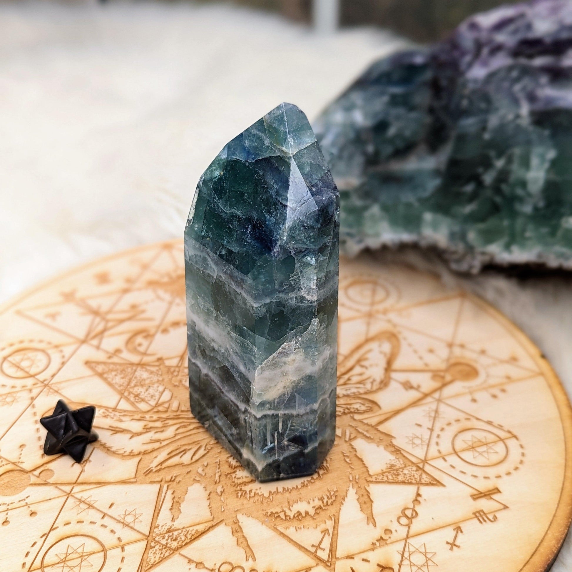 Rainbow Flourite Obelisk Carving with Rainbow Inclusions ~Energy Generator~  Vibrant Greens and Blues - Earth Family Crystals
