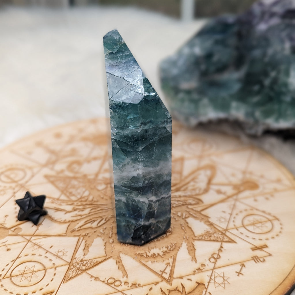 Rainbow Flourite Obelisk Carving with Rainbow Inclusions ~Energy Generator~  Vibrant Greens and Blues - Earth Family Crystals