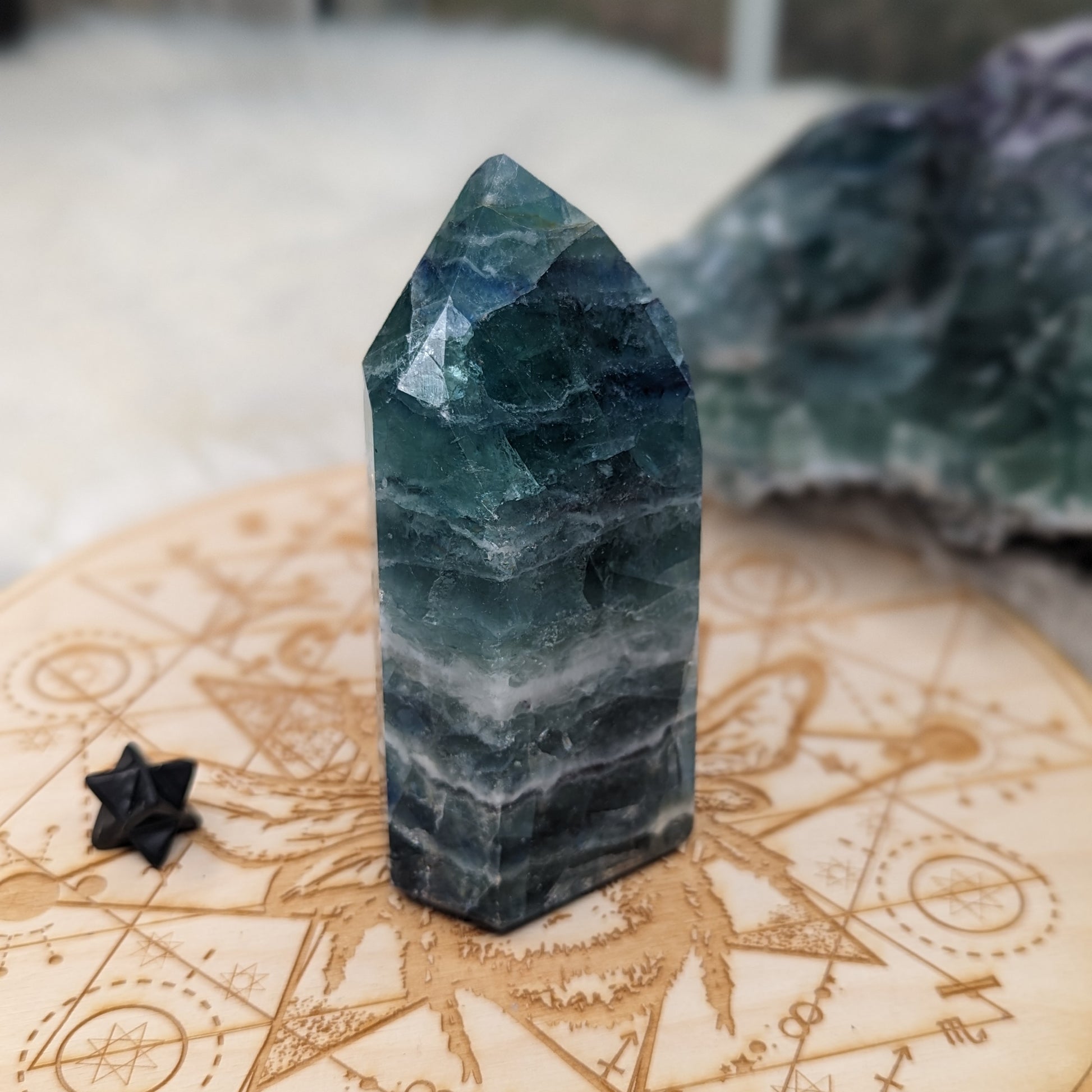 Rainbow Flourite Obelisk Carving with Rainbow Inclusions ~Energy Generator~  Vibrant Greens and Blues - Earth Family Crystals