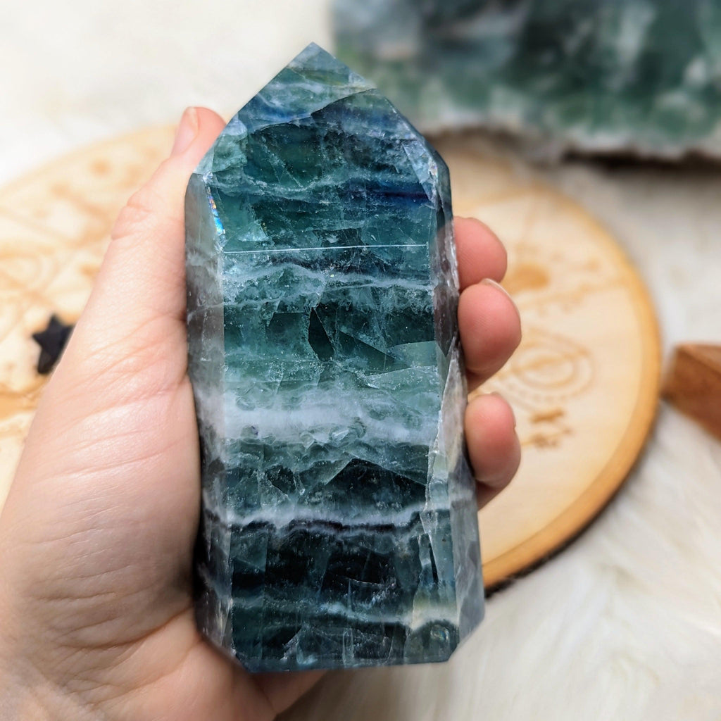 Rainbow Flourite Obelisk Carving with Rainbow Inclusions ~Energy Generator~  Vibrant Greens and Blues - Earth Family Crystals