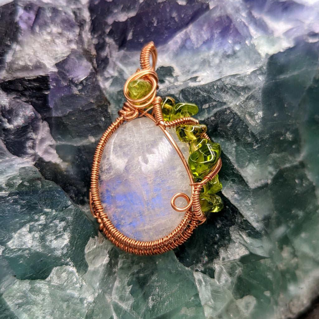 Moonstone with Peridot Accents~ Hand Crafted Copper Wire Wrapped Pendant - Earth Family Crystals