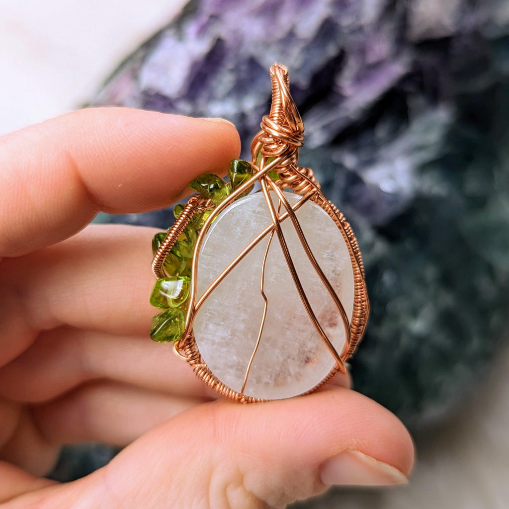 Moonstone with Peridot Accents~ Hand Crafted Copper Wire Wrapped Pendant - Earth Family Crystals