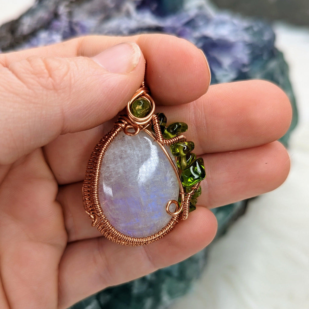 Moonstone with Peridot Accents~ Hand Crafted Copper Wire Wrapped Pendant - Earth Family Crystals