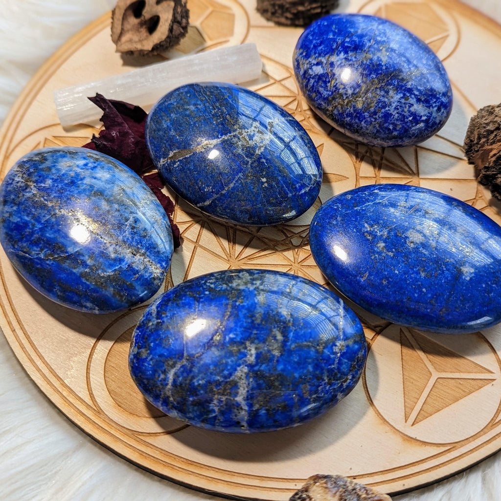 Lapis Lazuli in a Rich Pyrite Matrix ~ Large Pillow Palm Stone Carvings ~ Throat Chakra Healing - Earth Family Crystals