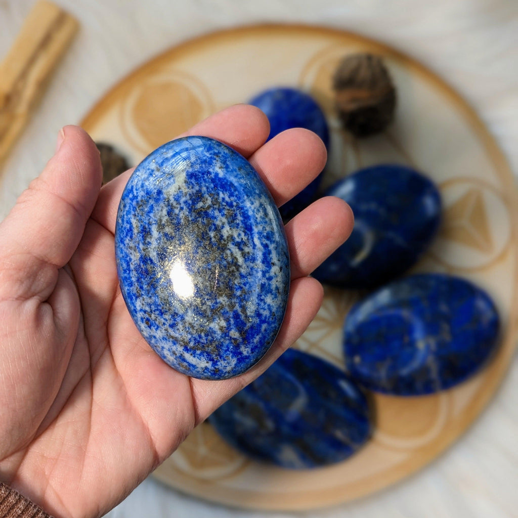 Lapis Lazuli in a Rich Pyrite Matrix ~ Large Pillow Palm Stone Carvings ~ Throat Chakra Healing - Earth Family Crystals