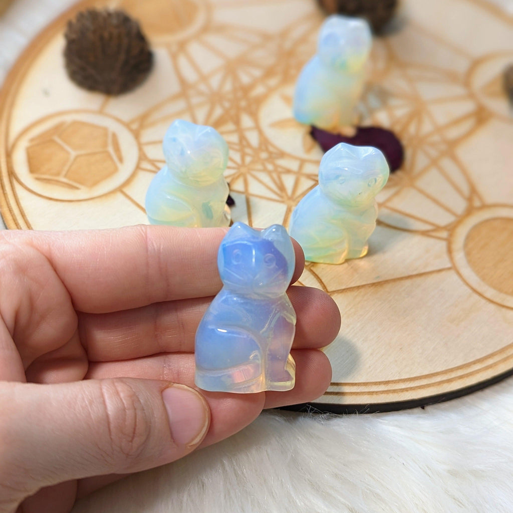 Opalite and Rose Quartz Glass Cat Carvings - Earth Family Crystals