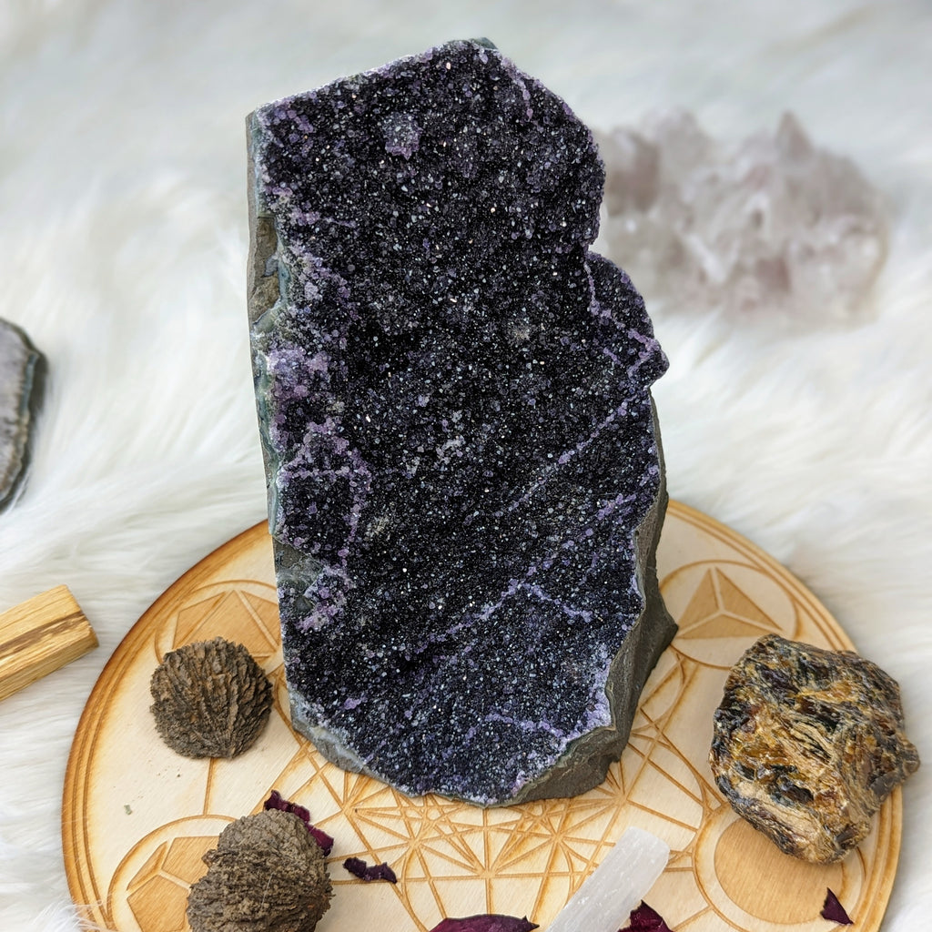 Dark Purple and Black Amethyst Large Formation Display Specimen from Uruguay ~ Sparkling Micro Druze Crystals - Earth Family Crystals