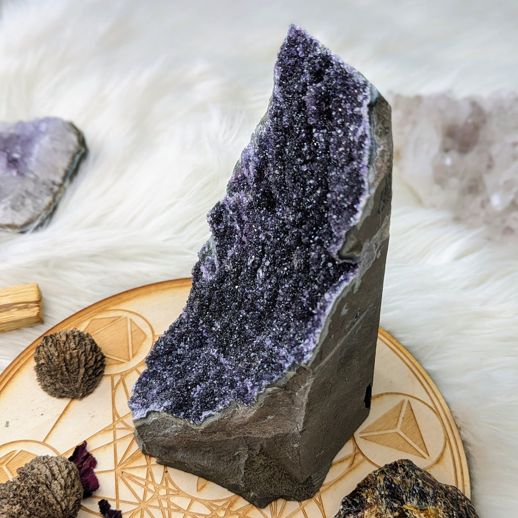 Dark Purple and Black Amethyst Large Formation Display Specimen from Uruguay ~ Sparkling Micro Druze Crystals - Earth Family Crystals
