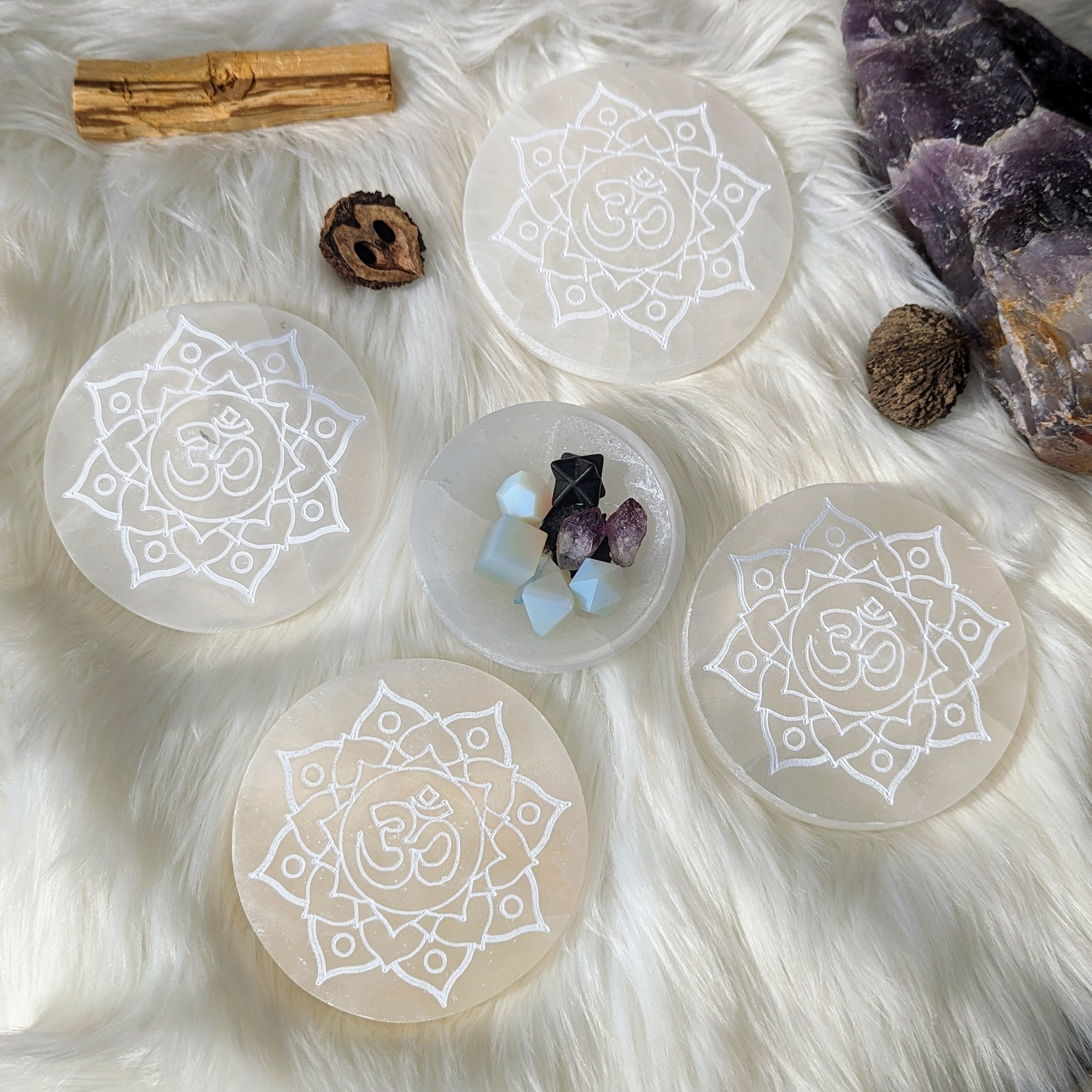 Sahasrara Symbol Selenite Engraved Charging Plate - Earth Family Crystals