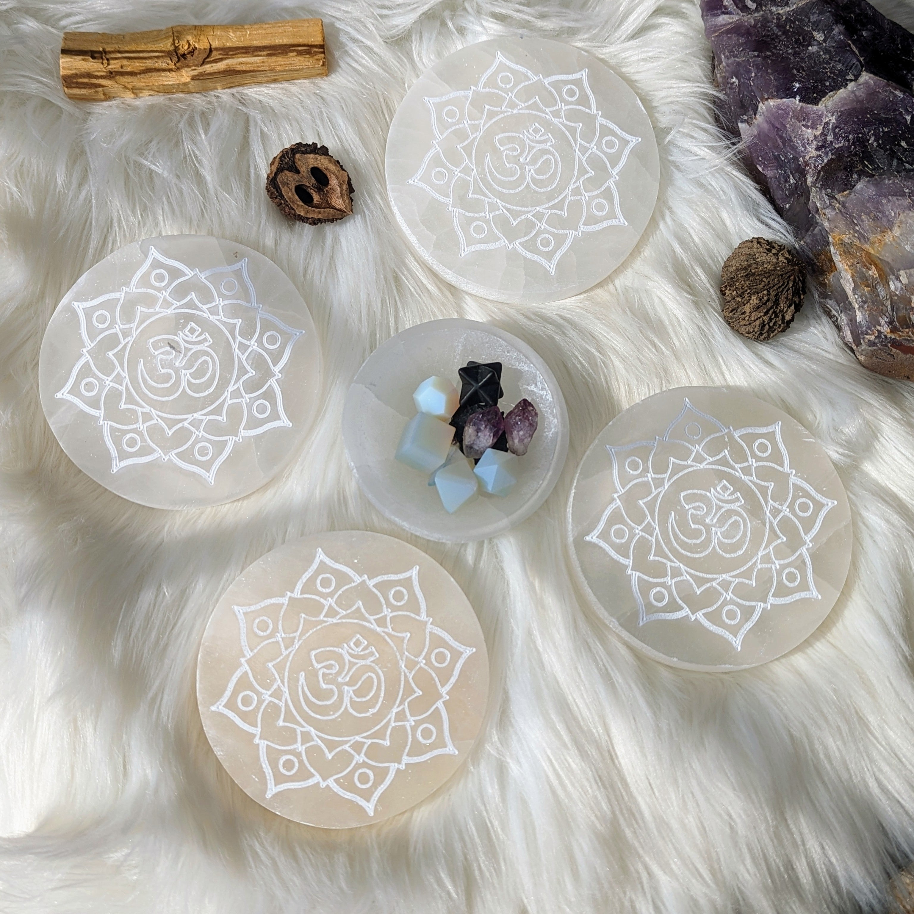 Sahasrara Symbol Selenite Engraved Charging Plate - Earth Family Crystals