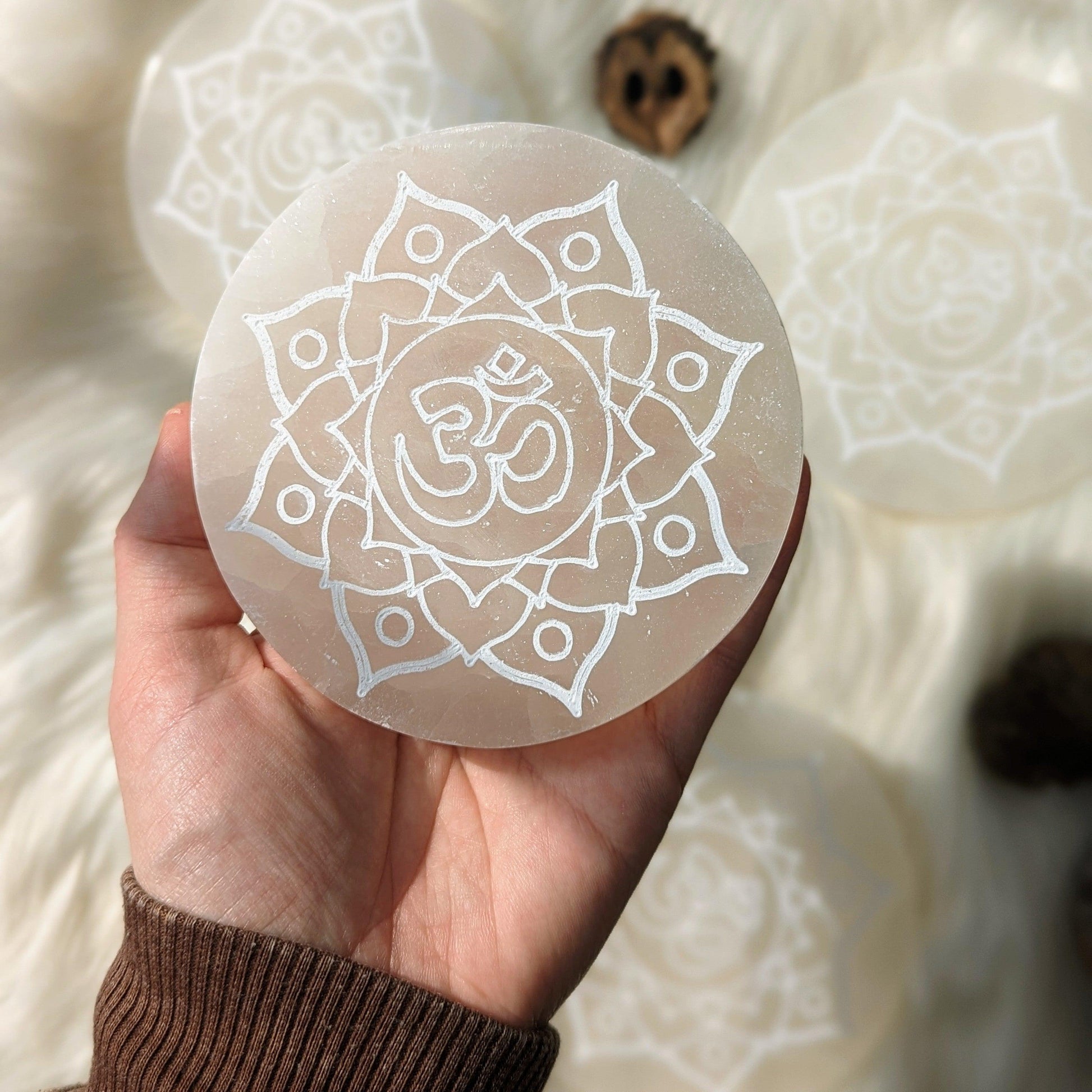 Sahasrara Symbol Selenite Engraved Charging Plate - Earth Family Crystals