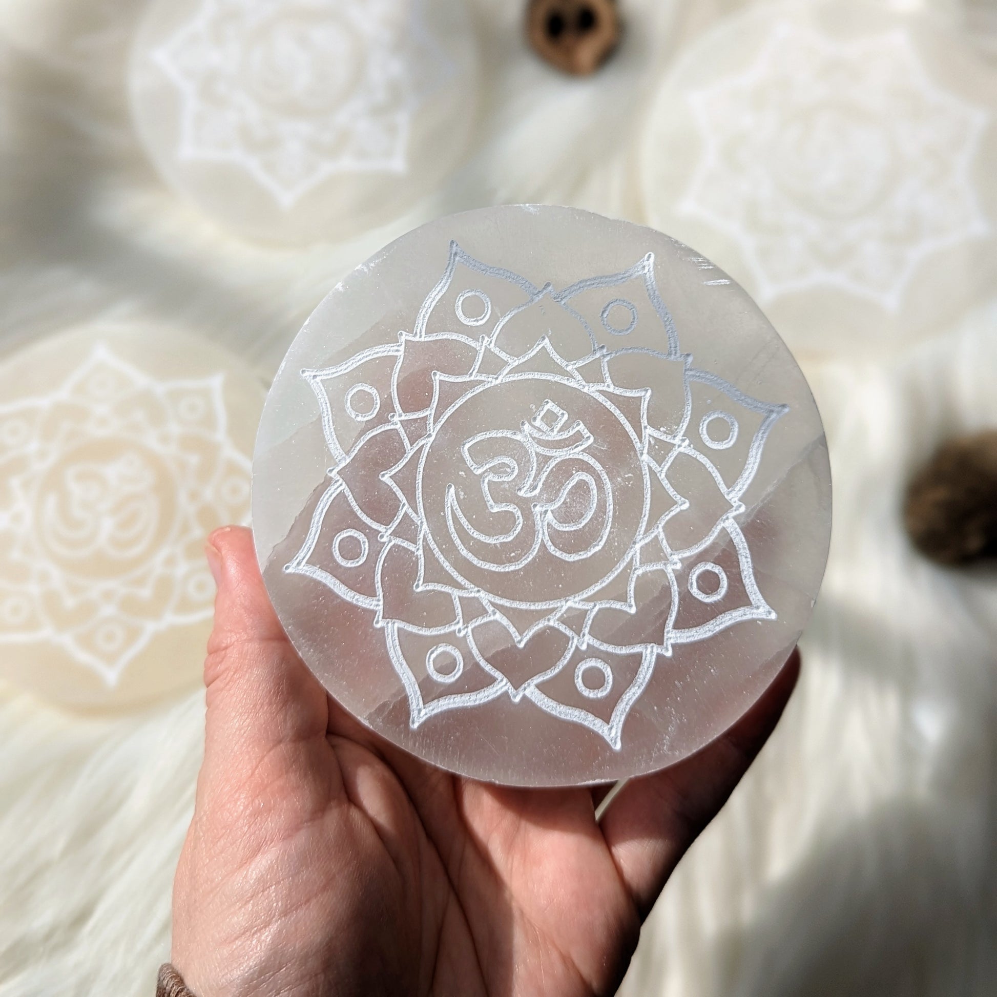 Sahasrara Symbol Selenite Engraved Charging Plate - Earth Family Crystals