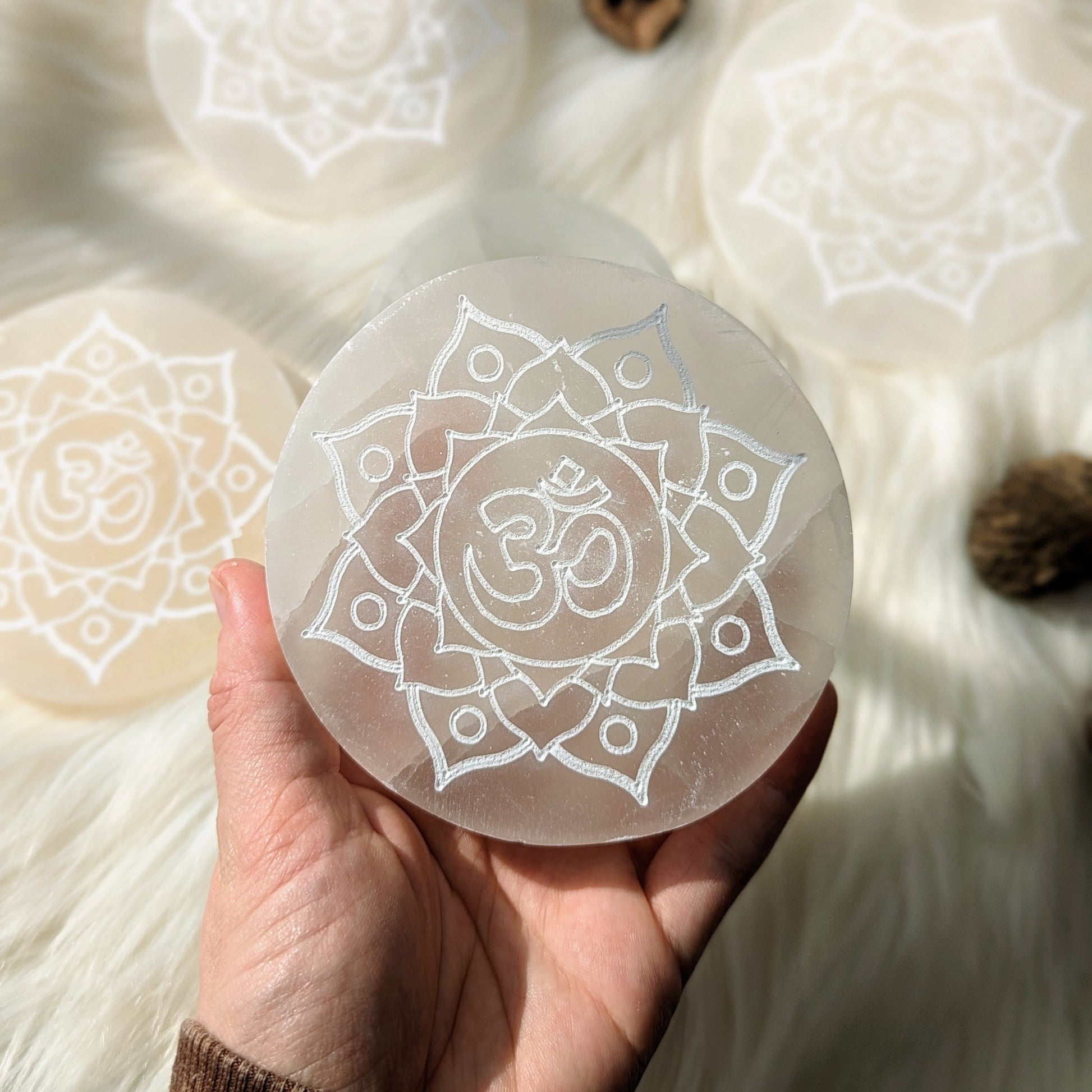 Sahasrara Symbol Selenite Engraved Charging Plate - Earth Family Crystals