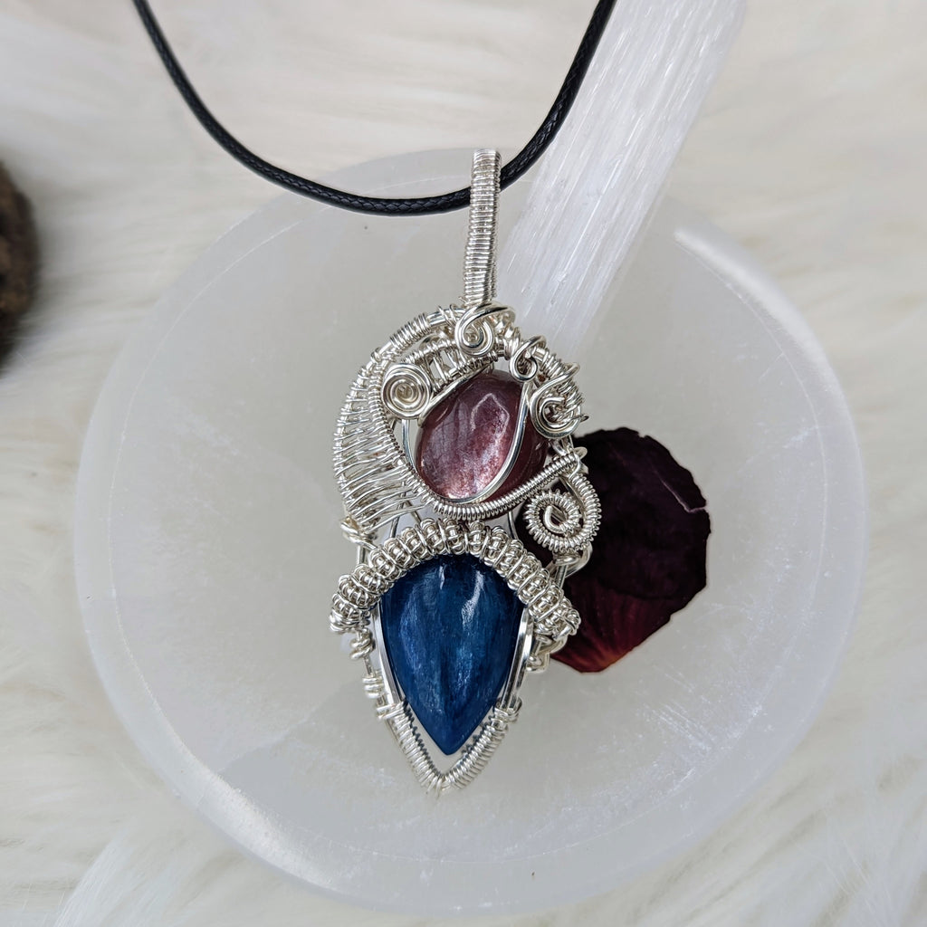 Stunning Blue Kyanite and Lepidolite Wire Wrapped Pendant ~ Necklace Cord Included - Earth Family Crystals