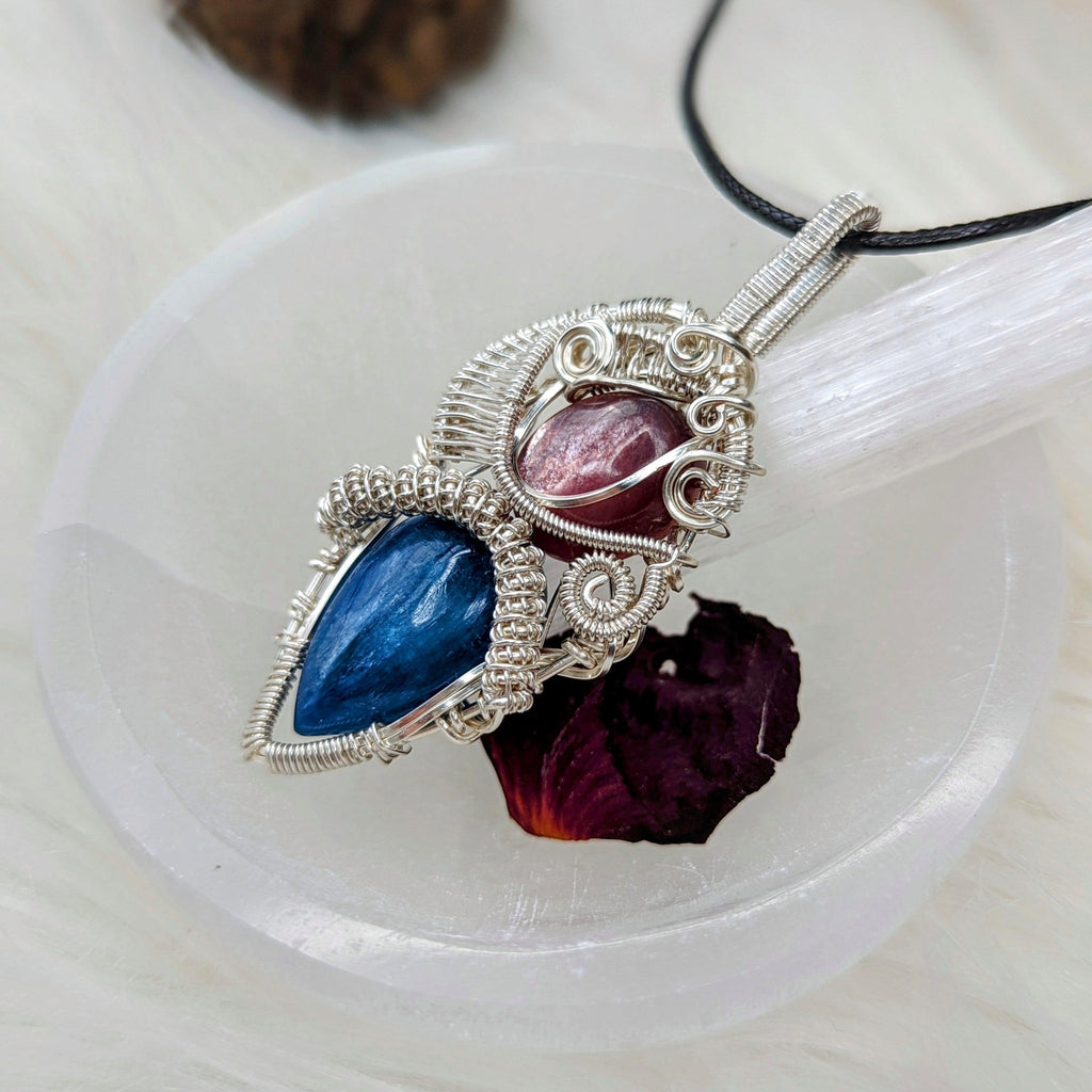 Stunning Blue Kyanite and Lepidolite Wire Wrapped Pendant ~ Necklace Cord Included - Earth Family Crystals