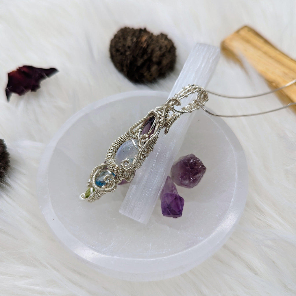 Elven Energies ~ Gorgeous Amethyst, Moonstone, Blue Topaz and Peridot Gemstone Pendant ~ Wire Wrapped by Hand ~ Silver Chain Included - Earth Family Crystals