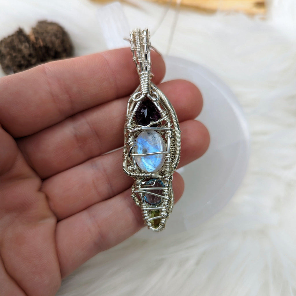 Elven Energies ~ Gorgeous Amethyst, Moonstone, Blue Topaz and Peridot Gemstone Pendant ~ Wire Wrapped by Hand ~ Silver Chain Included - Earth Family Crystals