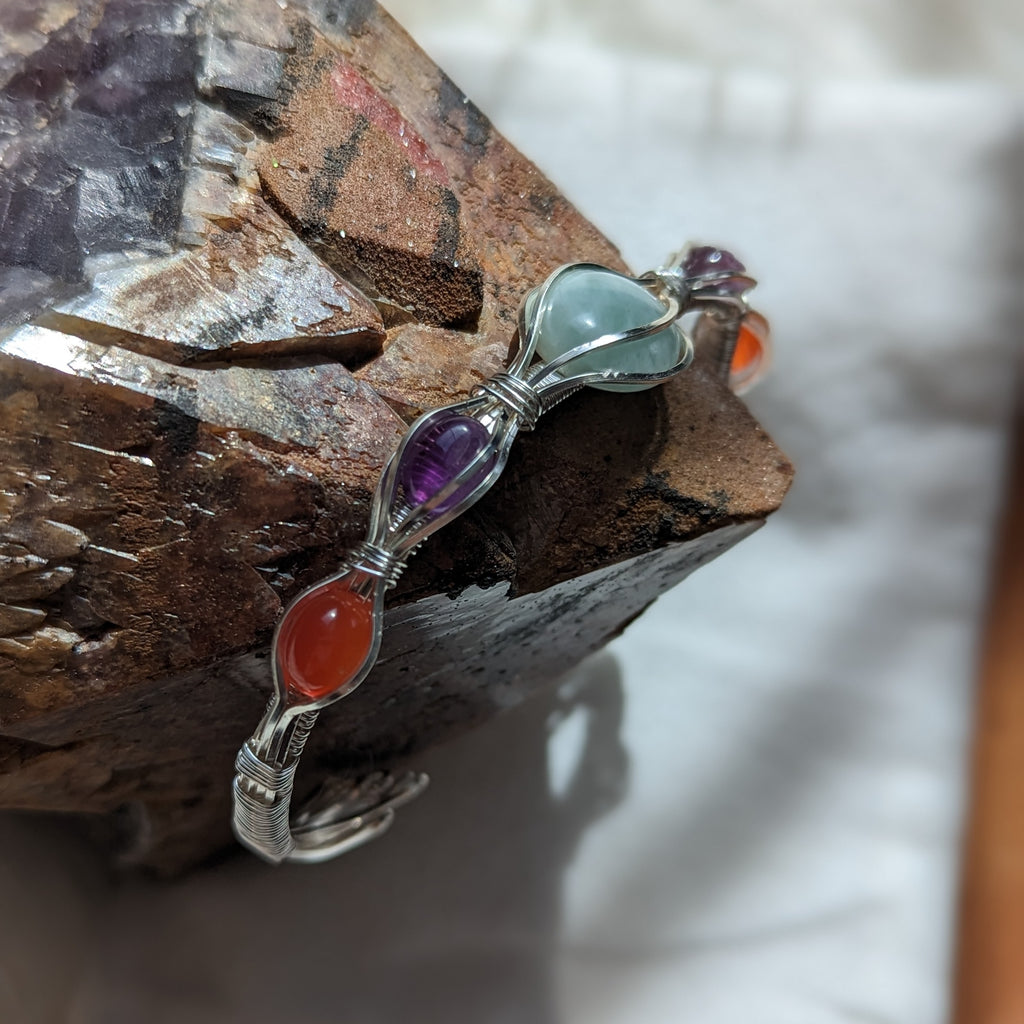 Moonstone, Amethyst and Carnelian ~ Wire Wrapped Adjustable Wrist Bengal - Earth Family Crystals