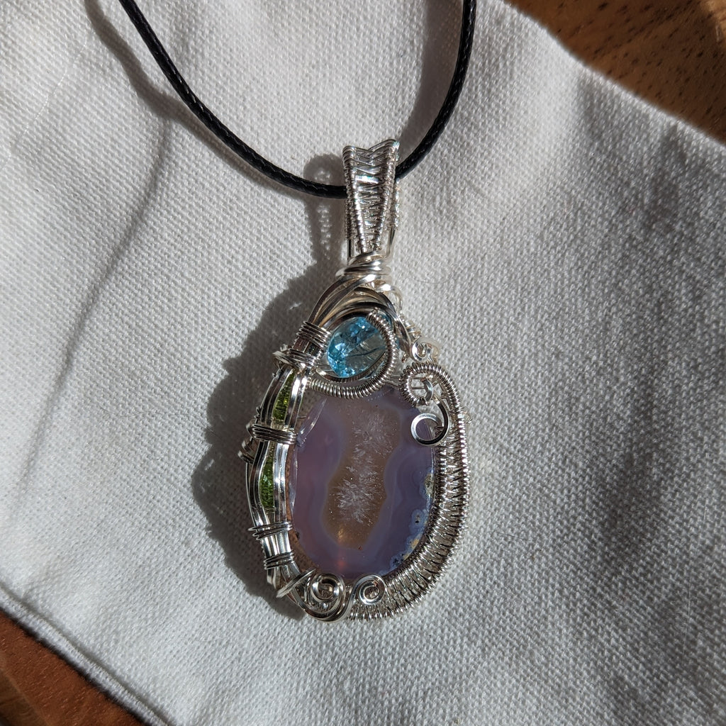 Purple Moss Agate Wire Wrapped Pendant with Blue Topaz and Peridot Accents ~ Includes Necklace Cord - Earth Family Crystals
