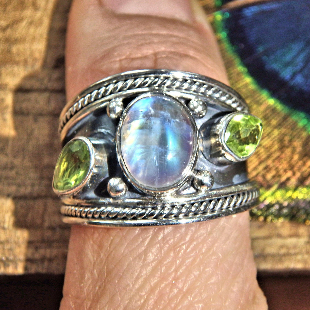 Dazzling Faceted Peridot & Glowing Rainbow Moonstone Sterling Silver Ring (Size 9) - Earth Family Crystals