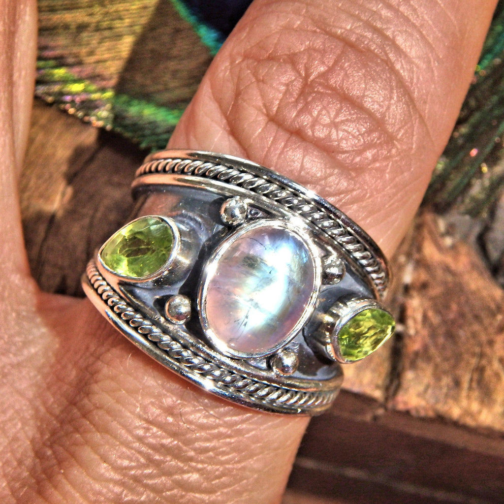 Dazzling Faceted Peridot & Glowing Rainbow Moonstone Sterling Silver Ring (Size 9) - Earth Family Crystals