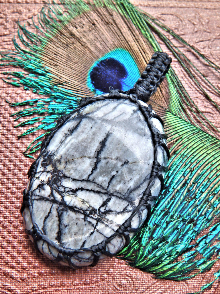 Grey & Black Patterns Picasso Jasper  Macrame Wrapped Pendant - Earth Family Crystals