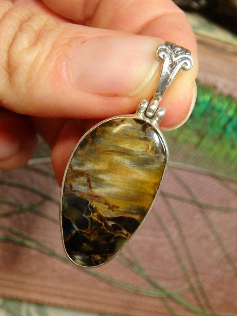 Fine Golden & Blue Swirls Pietersite  Gemstone Pendant In Sterling Silver (Includes Silver Chain) - Earth Family Crystals