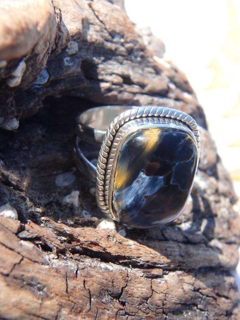 Lovely Dark Satin Blue & Golden Pietersite Gemstone Ring In Sterling Silver (Size 6) - Earth Family Crystals