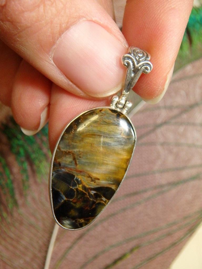 Fine Golden & Blue Swirls Pietersite  Gemstone Pendant In Sterling Silver (Includes Silver Chain) - Earth Family Crystals