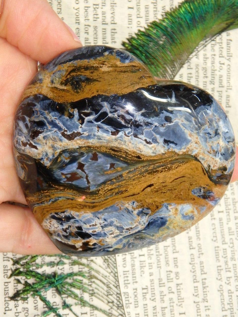 Splendid Patterns! Silky Blue & Golden Large Pietersite Heart Specimen - Earth Family Crystals