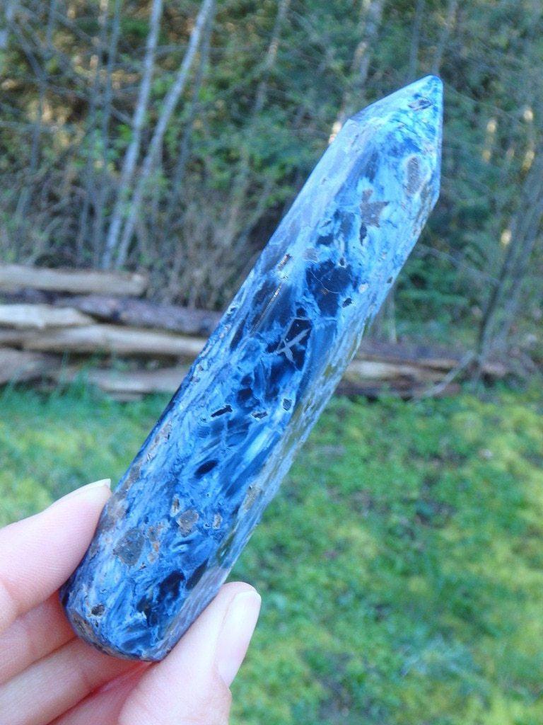 Amazing Satiny Blue Patterns Pietersite Gemstone Wand Carving - Earth Family Crystals