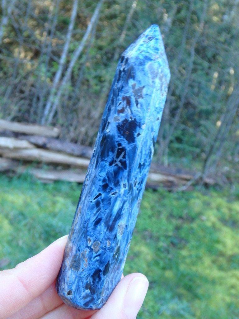 Amazing Satiny Blue Patterns Pietersite Gemstone Wand Carving - Earth Family Crystals