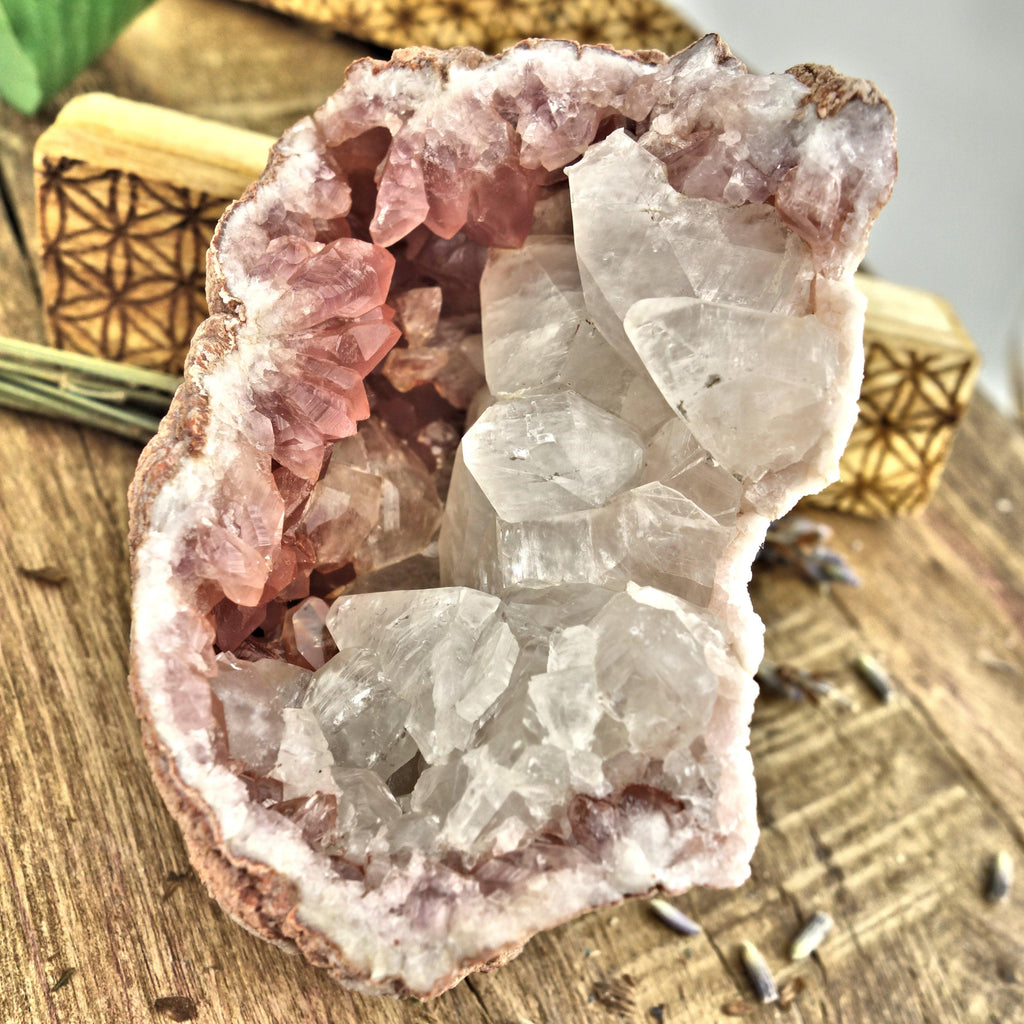 NEW FIND! Large Unique Pink Amethyst & Clear Calcite Druzy Geode Cluster From Patagonia - Earth Family Crystals