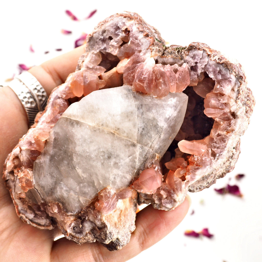 One of a Kind XL  Pink Amethyst & Calcite Point Geode Specimen From Patagonia - Earth Family Crystals