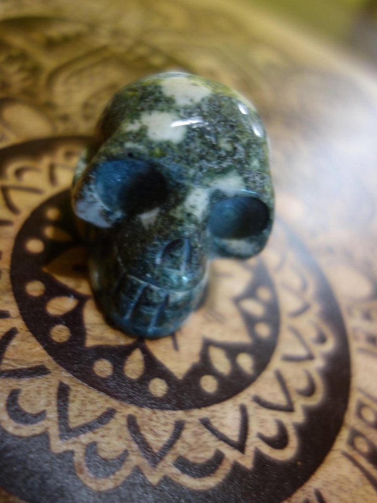 Speckled White Preseli Bluestone Skull Carving - Earth Family Crystals