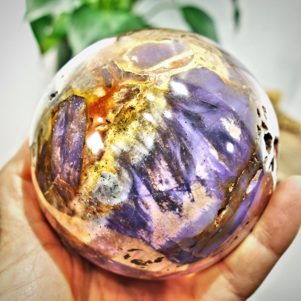 XL 2.5 Lb Rare Violet Flame Agate Sphere With Caves From Madagascar - Earth Family Crystals