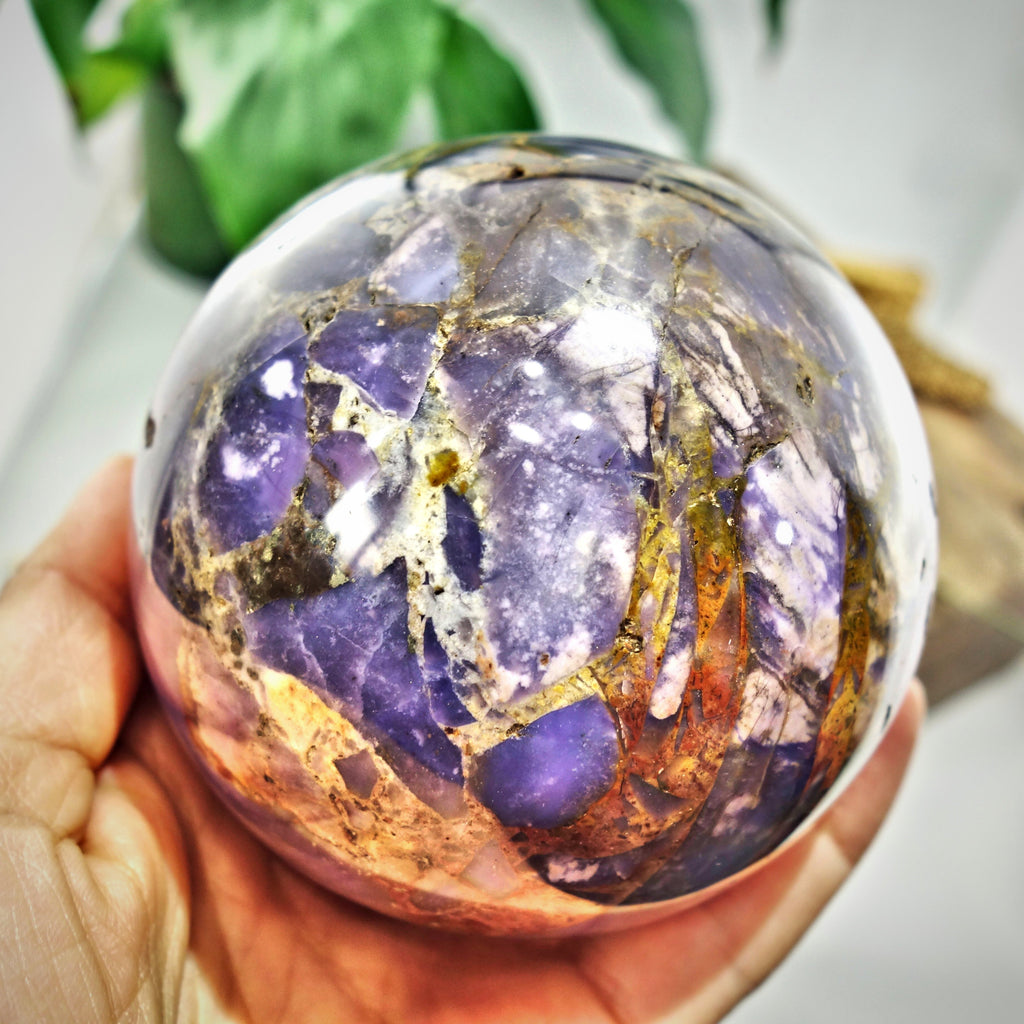 XL 2.5 Lb Rare Violet Flame Agate Sphere With Caves From Madagascar - Earth Family Crystals
