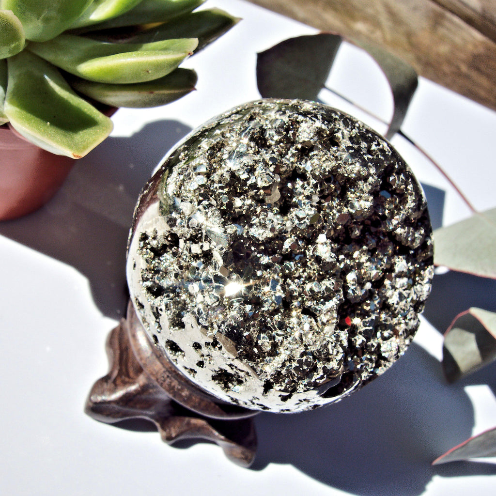 Sparkling Golden Pyrite Geode Sphere Carving From Peru - Earth Family Crystals