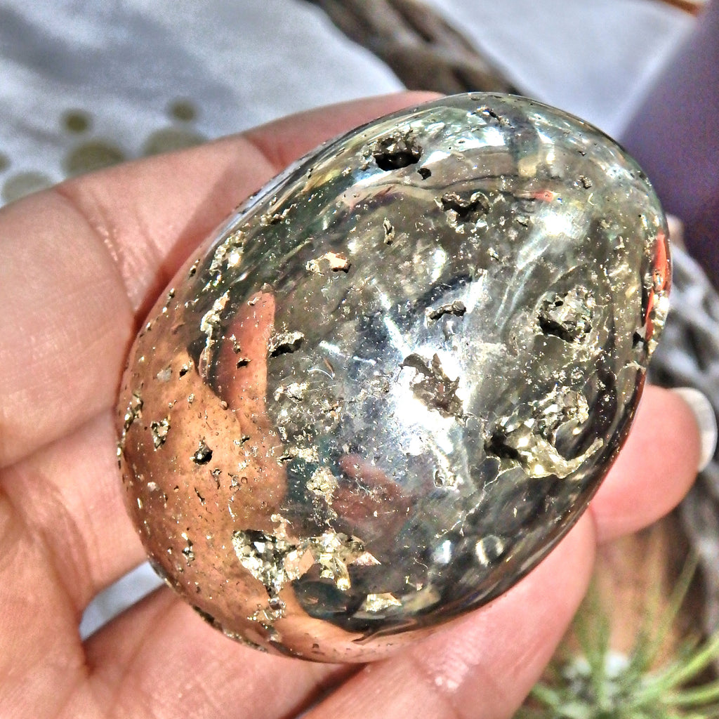 Gorgeous Golden Pyrite Egg Carving Specimen - Earth Family Crystals
