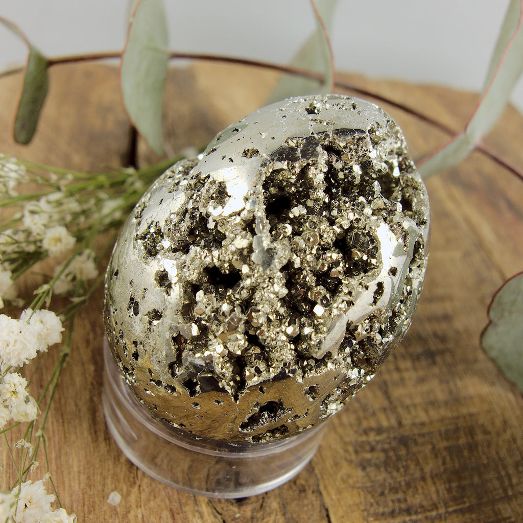 Sparkling Druzy Caves Golden Pyrite Egg Carving - Earth Family Crystals