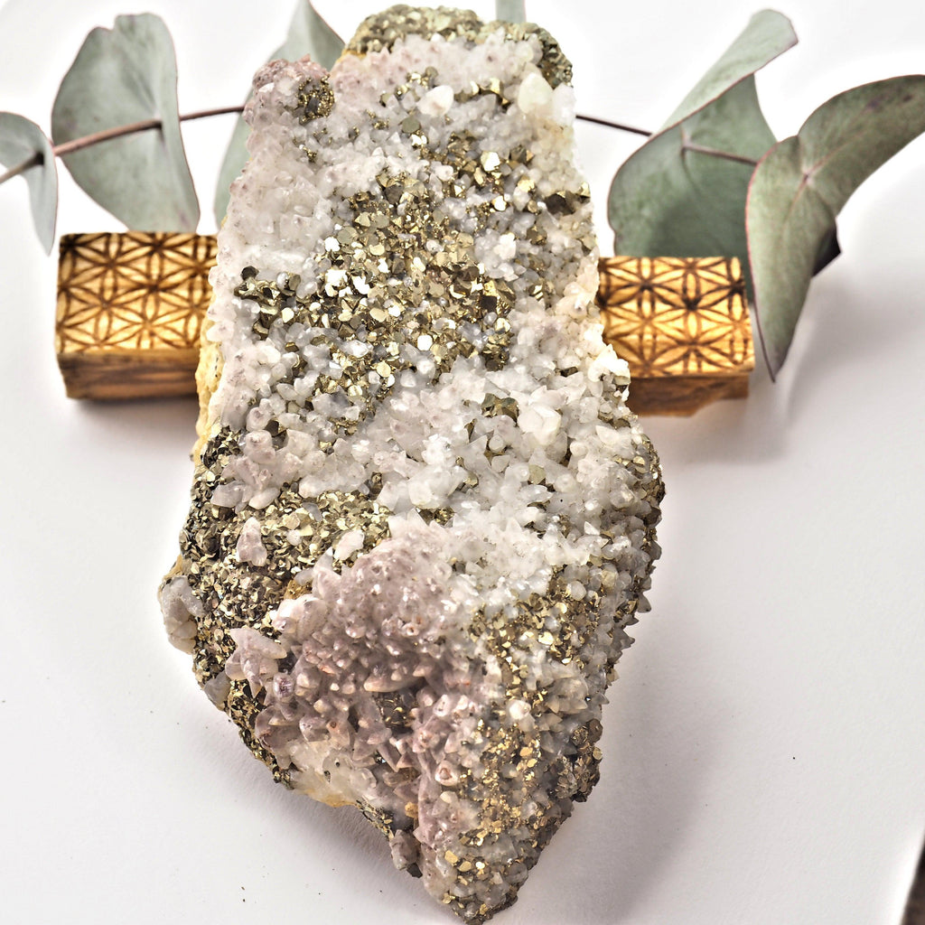 Chunky Pyrite & Hematite Included Quartz Points Nestled on Rock Matrix - Earth Family Crystals