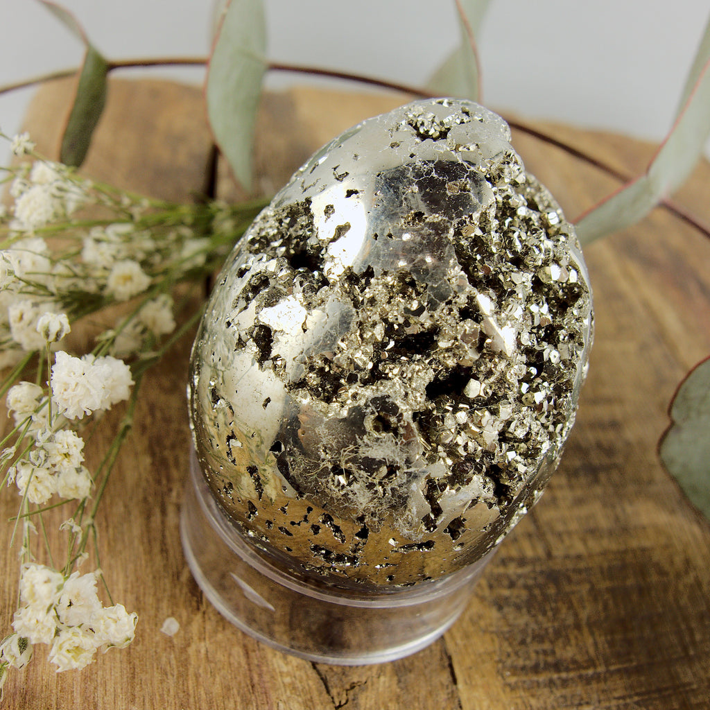 Sparkling Druzy Caves Golden Pyrite Egg Carving - Earth Family Crystals