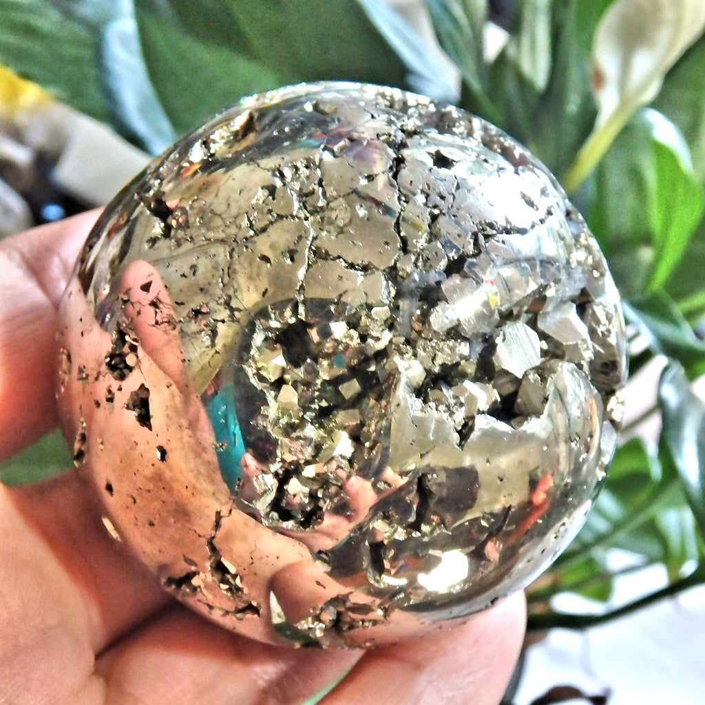 Caves & Sparkle Golden Pyrite Sphere Carving With Quartz Point Inclusions - Earth Family Crystals