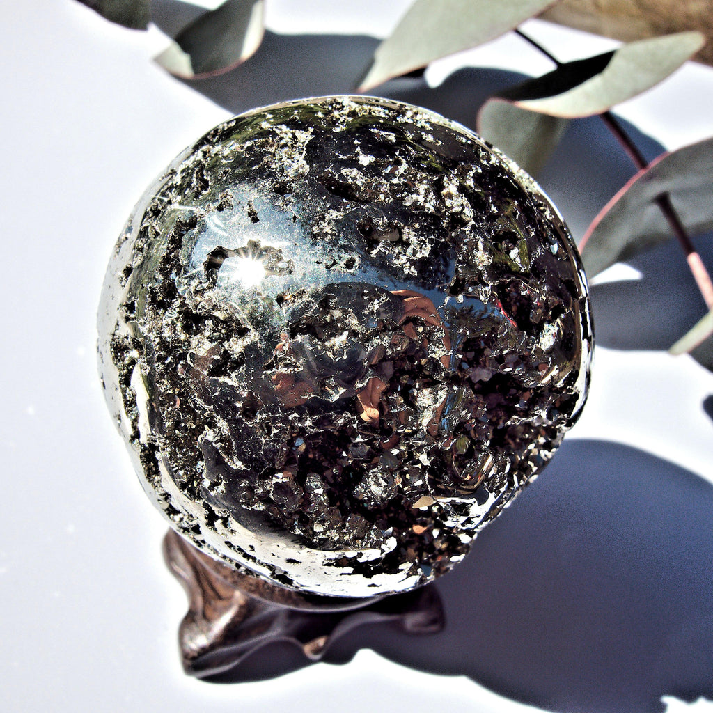 Sparkling Golden Pyrite Geode Sphere Carving From Peru - Earth Family Crystals