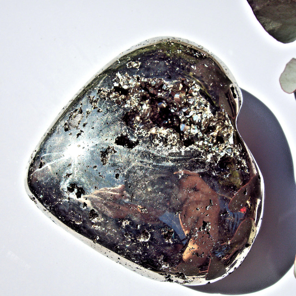 Stunning Deep Golden Geode Pyrite Heart Carving From Peru - Earth Family Crystals