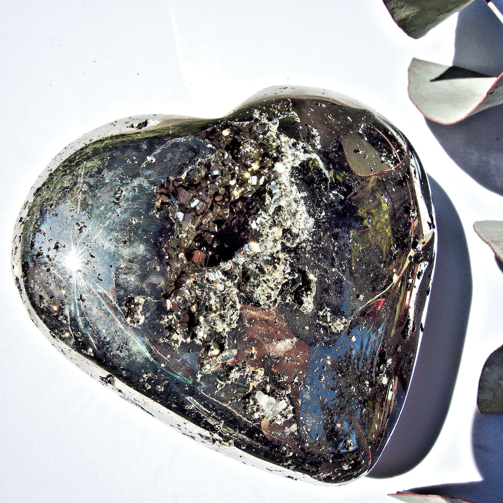 Stunning Deep Golden Geode Pyrite Heart Carving From Peru - Earth Family Crystals