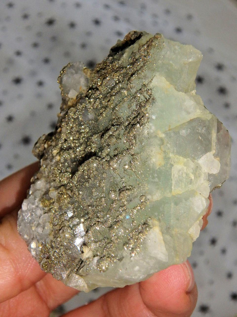 Green Fluorite With Golden Pyrite Frosting & Druzy Quartz Points - Earth Family Crystals