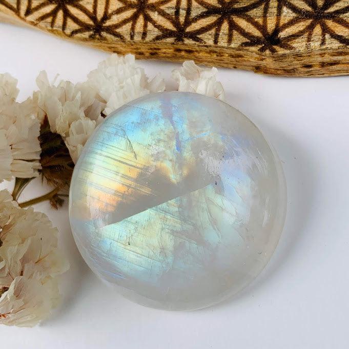 Rounded & Gorgeous Flashy Rainbow Moonstone Cabochon Ideal for Crafting #3 - Earth Family Crystals