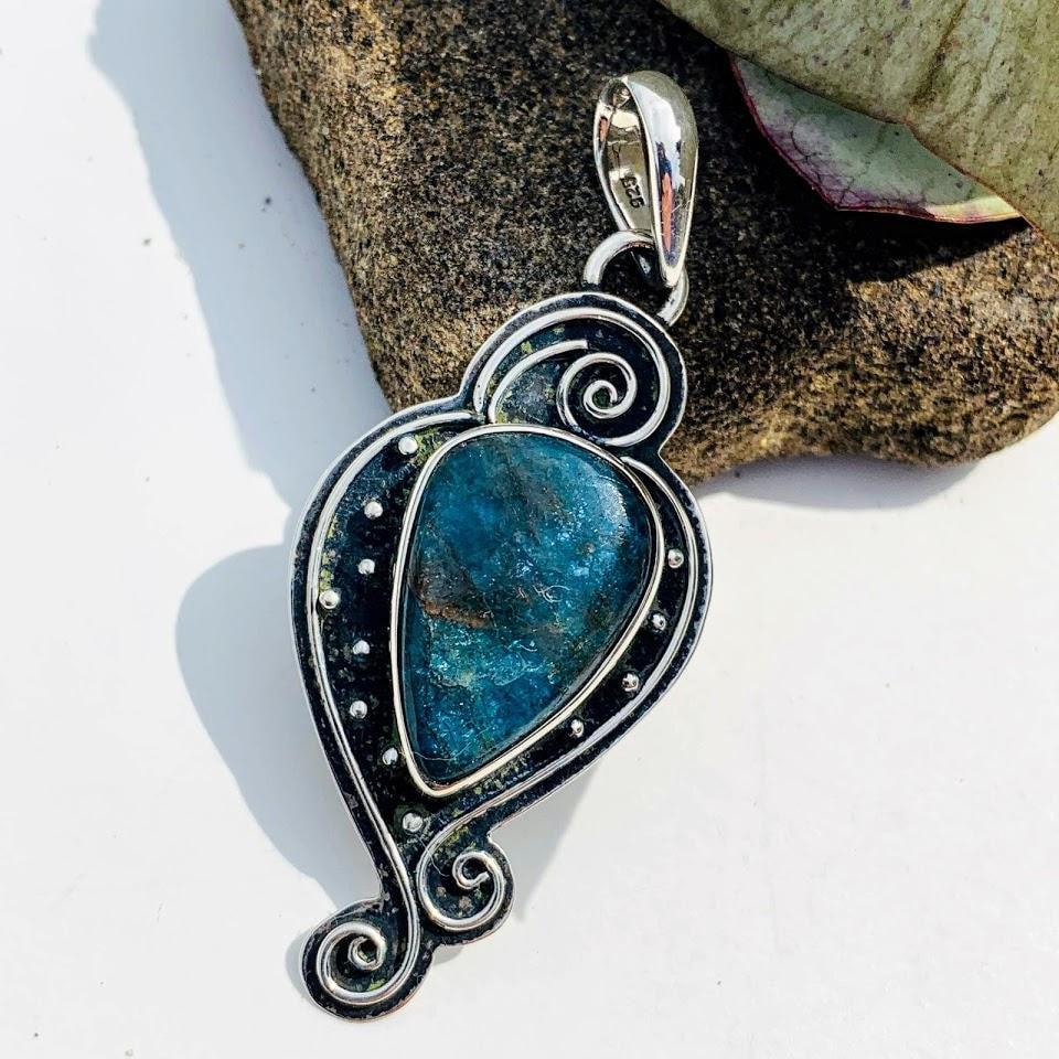 Deep Blue Apatite Elegant  Oxidized Sterling Silver Pendant (Includes Silver Chain) - Earth Family Crystals