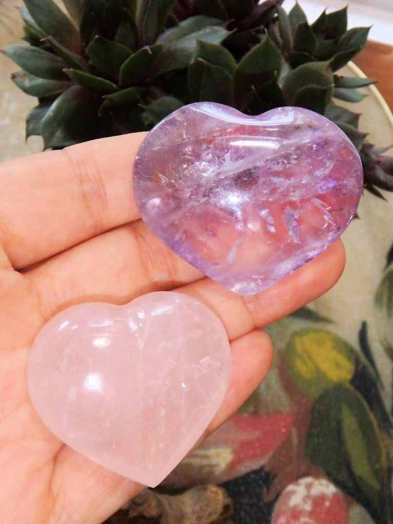 Set of 2~Pink Rose Quartz & Optical Purple Amethyst Small Heart Set - Earth Family Crystals